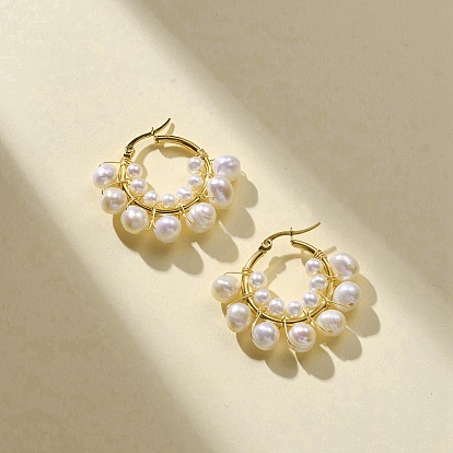 3 paire 3 boucles d'oreilles créoles en perles naturelles de taille, 304 bijoux en fil d'acier inoxydable pour femmes