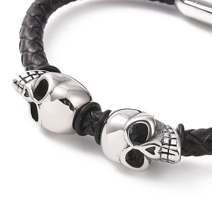 304 Stainless Steel Skull Beaded Bracelet with Magnetic Clasps, Black Leather Braided Cord Punk Wristband for Men Women