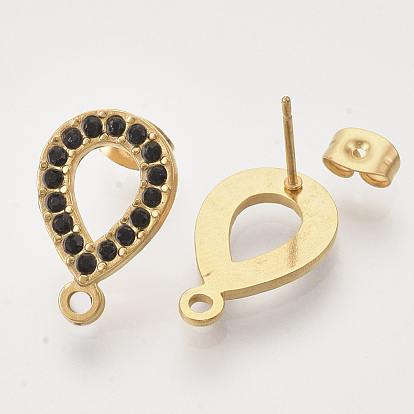 304 Stainless Steel Stud Earring Findings, with Rhinestone, Loop and Ear Nuts/Earring Backs, Teardrop