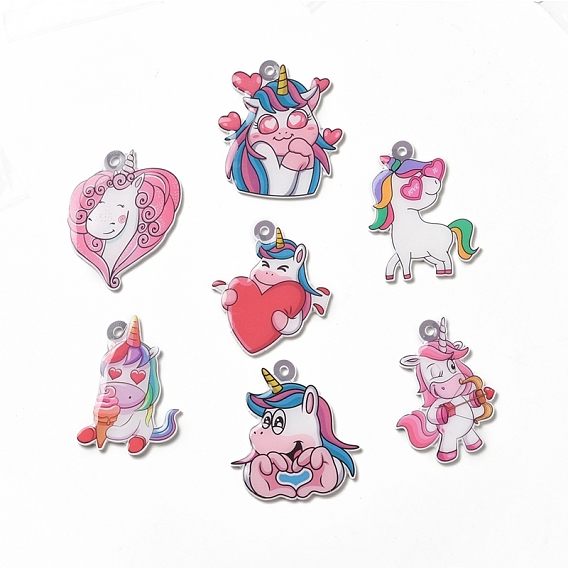 Colgantes de acrílico opaco de dibujos animados, charm corazón unicornios