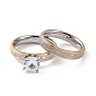 2Pcs 2 Style 201 Stainless Steel Wave Couple Rings Set, Crystal Rhinestone Rings for Lovers