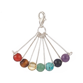 7 Chakra Gemstone Round Pendants Decorations, with Zinc Alloy Lobster Claw Clasps Charm