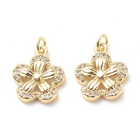 Brass Micro Pave Clear Cubic Zirconia Pendants, with Jump Ring, Cadmium Free & Lead Free, Flower