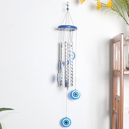 Aluminum Tube Wind Chimes, Evil Eye Pendant Decorations, with Wooden Board & Iron Finding