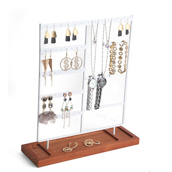 Présentoir de boucle d'oreille en fer rectangle à plusieurs niveaux, présentoir à bijoux, avec fondation en bois