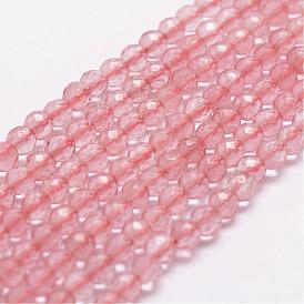 Perles de verre de quartz cerise brins, facette, ronde