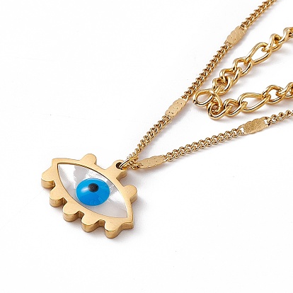 Enamel Evil Eye Pendant Double Layer Necklace, 304 Stainless Steel Curb & Link Chains Necklace for Women