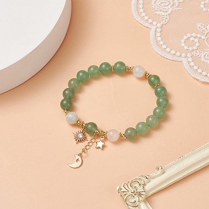 Bracelets en perles d'aventurine verte naturelle et de quartz imitation morganite, bracelet pendentif étoile & lune & soleil en laiton pour femme