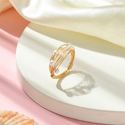 Anillo de dedo con perla de concha, anillos envolventes de alambre de cobre para mujer