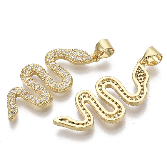 Brass Micro Pave Cubic Zirconia Pendants, with Brass Snap On Bails, Nickel Free, Snake, Clear