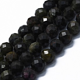 Natural Green Tourmaline Beads Strands, Faceted(64 Facets), Round
