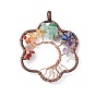 Flower Natural Gemstone Copper Wire Wrapped Chip Big Pendants, Tree of Life Charm, with Red Copper Tone Iron Findings