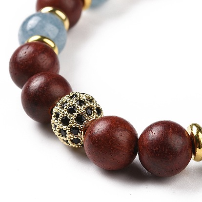 4Pcs Natural Larvikite & Quartz(Dyed) & Lava Rock & Lapis Lazuli(Dyed) and Wood Beads Stretch Bracelets Set, Brass Micro Pave Cubic Zirconia Jewelry for Women Men