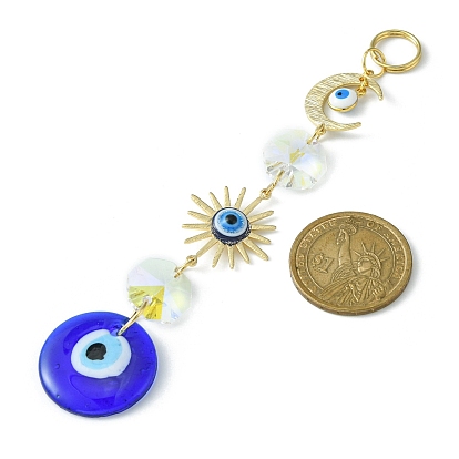Handmade Lampwork Evil Eye Pendant Decorations, with Glass Octagon and Brass Links, Moon & Sun, for Home Hanging Ornaments
