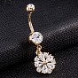 Piercing Jewelry, Brass Cubic Zirconia Navel Ring, Belly Rings, with Surgical Stainless Steel Bar, Cadmium Free & Lead Free, Flower