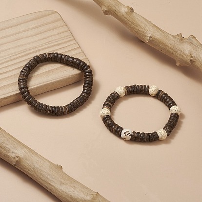 2 pcs 2 style croix bois naturel et bracelets extensibles en perles de noix de coco pour femmes