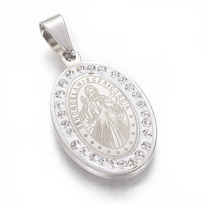 304 Stainless Steel Pendants, with Polymer Clay Rhinestone, Oval with Jesus & Word God's Compassion