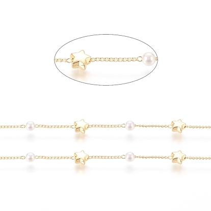 Brass Handmade Beaded Chain, Curb Chains, with CCB Plastic Imitation Pearl Bead, Long-Lasting Plated, Soldered, with Spool, Star