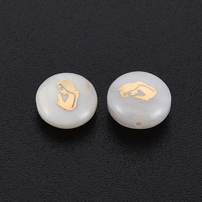 Natural Freshwater Shell Beads, with Golden Plated Brass Metal Embellishments, Flat Round with Woman