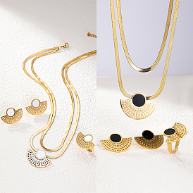 Золотой комплект украшений из нержавеющей стали в форме веера, серьги-гвоздики, регулируемое кольцо и двухслойное колье с цепочками в елочку