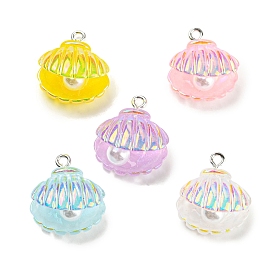 Iridescent Color Resin Pendants, AB Color Shell Shaped Charms with Plastic Imitation Pearl Bead and Platinum Tone Iron Loops