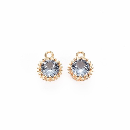 Brass Micro Pave Cubic Zirconia Charms, Nickel Free, Real 18K Gold Plated, Faceted Flat Round