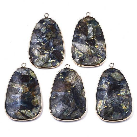 Assembled Synthetic Pyrite and Kyanite/Cyanite/Disthene Big Pendants, with Brass Edge and Loop, Egg Stone