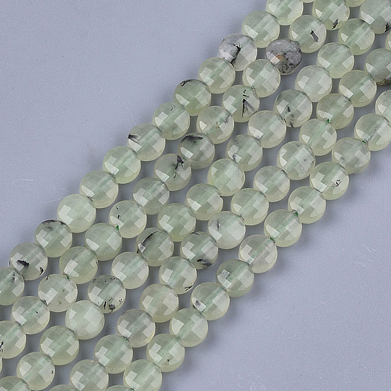 Natural Prehnite Beads Strands, Faceted, Flat Round