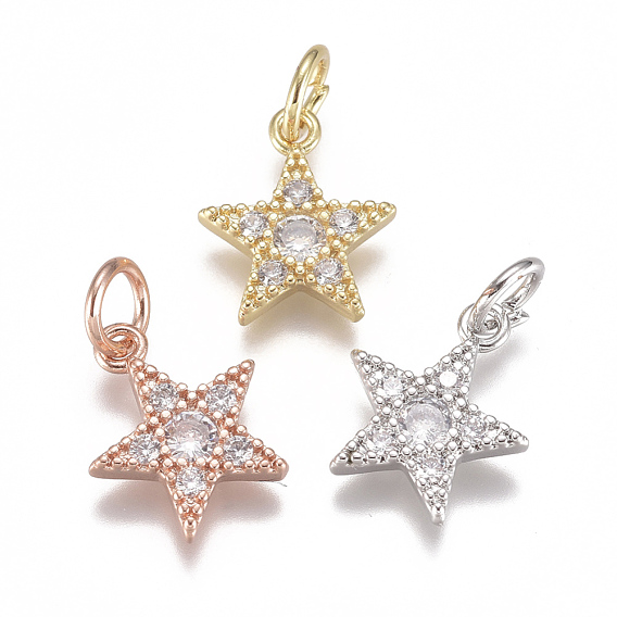 Brass Micro Pave Cubic Zirconia Charms, with Jump Ring, Long-Lasting Plated, Pentagram Star