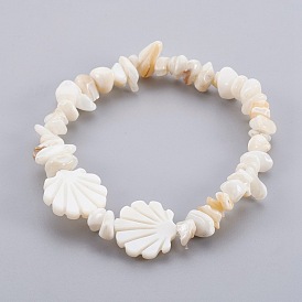 Bracelets extensible de perles de coquillage blanc, avec des perles de coquille d'eau douce, coquille
