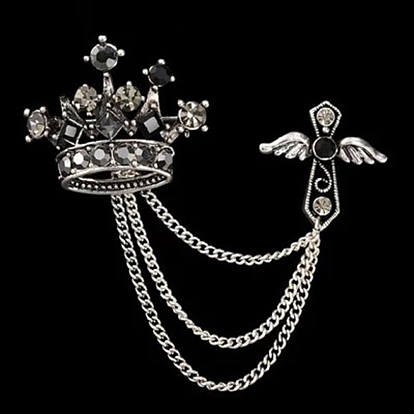 Broche colgante de corona y cruz con borla de cadena, insignia de aleación de diamantes de imitación para chaquetas sombreros bolsos