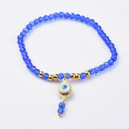 Glass Beads Stretch Bracelets, with Brass Enamel Links and 304 Stainless Steel Beads, Evil Eye