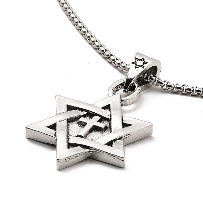 Star with Cross Alloy Pendant Necklace with 201 Stainless Steel Box Chains