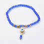 Glass Beads Stretch Bracelets, with Brass Enamel Links and 304 Stainless Steel Beads, Evil Eye