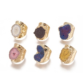 Natural Druzy Agate Cuff Rings, Open Rings, with Brass Findings and Rhinestone