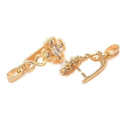 Brass Ice Pick Pinch Bails, with Clear Cubic Zirconia, Flower