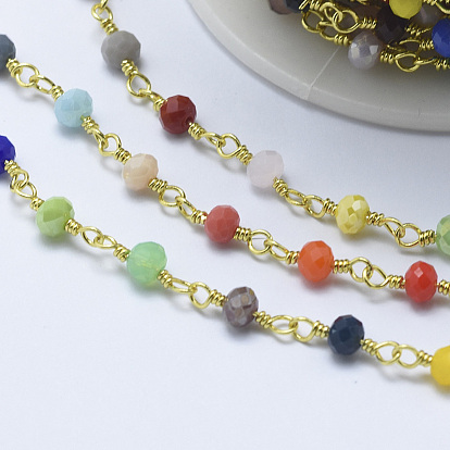 Handmade Glass Beaded Chains, Unwelded, with Spool, Brass Findings, Rondelle, Colorful