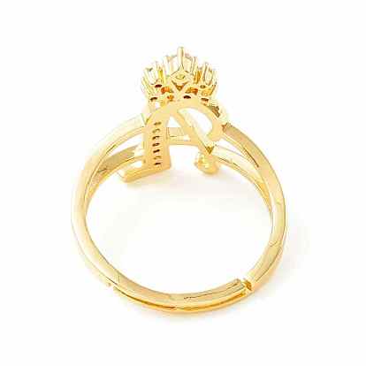 Clear Cubic Zirconia Initial Letter with Crown Adjustable Ring, Real 18K Gold Plated Brass Alphabet Ring for Women, Cadmium Free & Lead Free