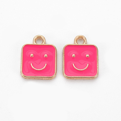 Alloy Enamel Charms, Cadmium Free & Lead Free, Light Gold, Square with Smile