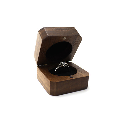 Carved Heart Walnut Wood Single Ring Storage Boxes, with Magnetic Clasps, Square Ring Gift Case for Valentine's Day