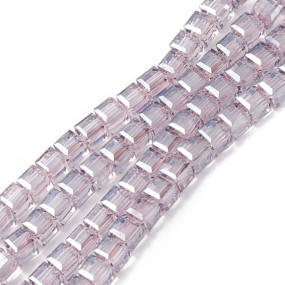 Transparent Electroplate Glass Beads Strands, Faceted, Cube, Pearl Luster Plated
