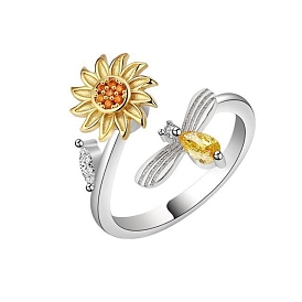 Rhinestone Rotating Sunflower with Bee Open Cuff Ring, Platinum Plated Brass Calming Worry Meditation Jewelry for Women