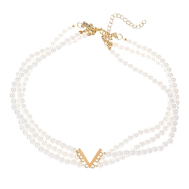 Collier triple couche de perles naturelles, avec pendentif lettre v en alliage