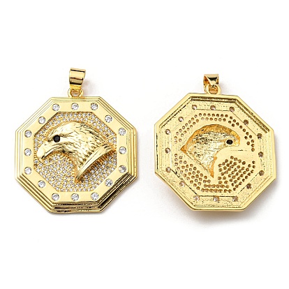 Brass with Cubic Zirconia Pendants, Long-Lasting Plated, Lead Free & Cadmium Free, Octagon with Eagle