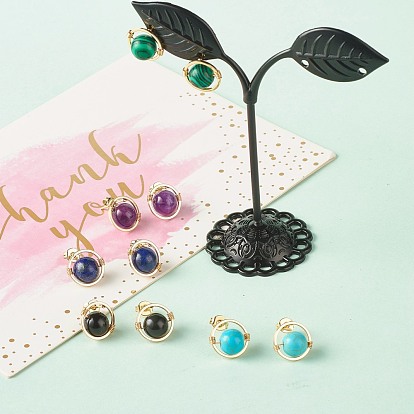 Mixed Gemstone Round Beads Stud Earrings for Girl Women, Wire Wrap Brass Earring, Golden