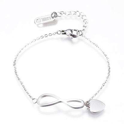 304 Stainless Steel Link & Charm Bracelets, with Lobster Claw Clasps, Infinity with Heart