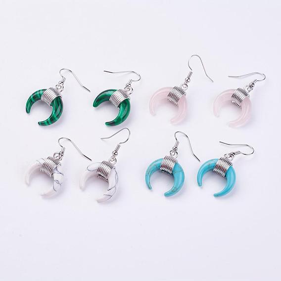Gemstone Dangle Earrings, with Platinum Plated Brass Findings, Double Horn/Crescent Moon