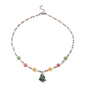 Collier pendentif lampwork arbre de noël avec des chaînes de fleurs de graines de verre pour les femmes
