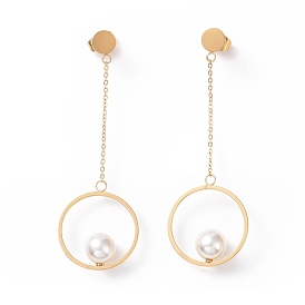 Bague avec perle d'imitation longues boucles d'oreilles pendantes à pampilles, placage ionique (ip) 304 bijoux en acier inoxydable pour femmes