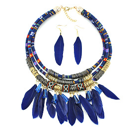 Bohemian Handmade Colorful Feather Pendant Necklace and Earrings Set